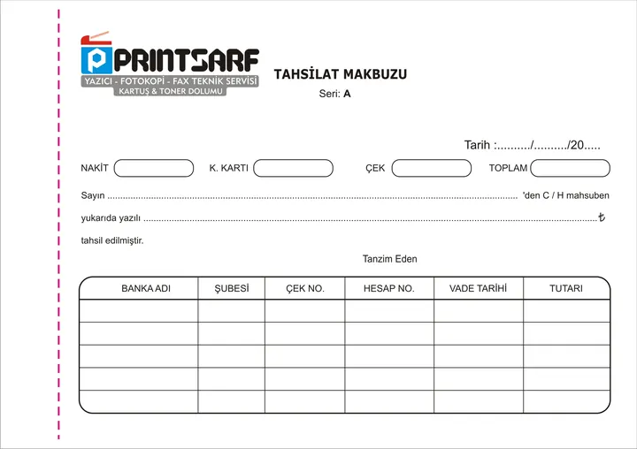 Tahsilat makbuzu baskı örneği